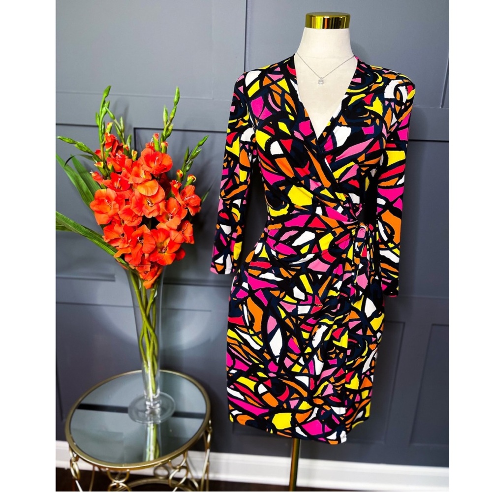 Anne Klein Pink and Yellow Long Sleeve Sheath Dress